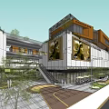 Modern Commercial Complex With Shopping Mall Atrium Green Spaces Escalators And Outdoor Seating