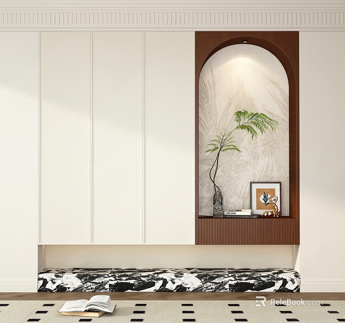 Modern White Entryway Cabinet And Side Cabinet With Arched Design Green Plant Decorative Painting 3d model 