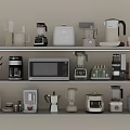 Organized Modern Kitchen Appliances On Shelf With Coffee Maker Microwave And Blender