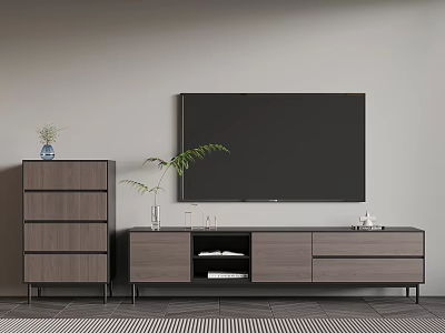 Stylish TV Stand With Large TV Green Plant And Functional Storage Drawers 3d model