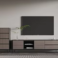 Stylish TV Stand With Large TV Green Plant And Functional Storage Drawers