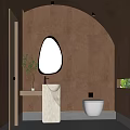 Modern Public Restroom Design With Brown Walls Oval Mirror White Sink And Toilet