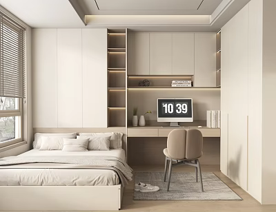 Tatami Bedroom Interior with Built-in Cabinetry Desk Chair Shelves and Window Blinds 3d model