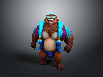 Fierce Bear Like 3D Character With Blue Decorative Outfit Ornate Tattoos And Muscular Build 3d model
