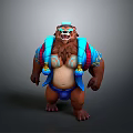 Fierce Bear Like 3D Character With Blue Decorative Outfit Ornate Tattoos And Muscular Build