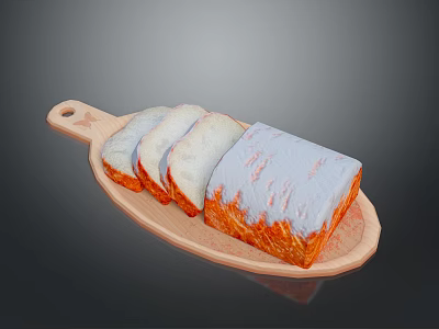 Homemade Bread on Wooden Tray Featuring Unsliced Loaf and Sliced Pieces with Orange White Coating 3d model