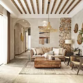 Rustic Living Room Interior With Wooden Wall Decor Sofa Coffee Table And Pendant Light