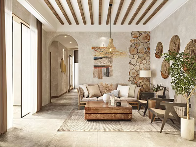 Rustic Living Room Interior With Wooden Wall Decor Sofa Coffee Table And Pendant Light 3d model