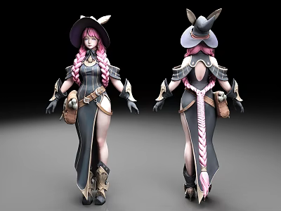 3D Model of a Woman with Pink Braids Witch Hat and Long Black Dress 3d model