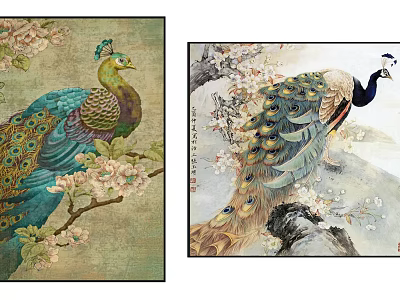 Two Panel Vibrant Peacock Wall Art With Colorful Feathers And Floral Blooms 3d model