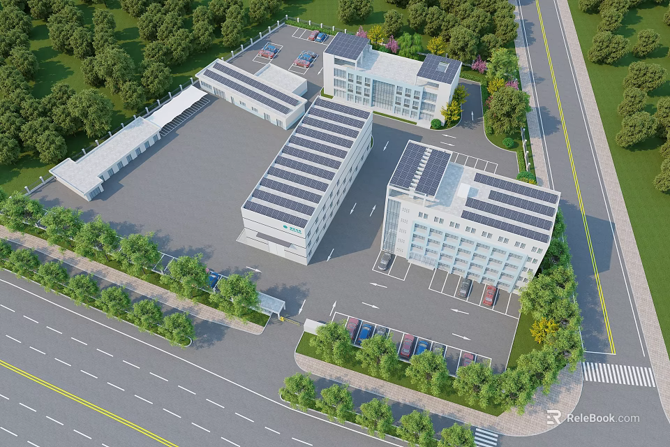 Modern Industrial Buildings With Solar Panel Roofs Parking Lot And Greenery 3d model 