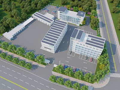 Modern Industrial Buildings With Solar Panel Roofs Parking Lot And Greenery 3d model