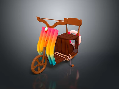 Colorful Tricycle with Brown Frame Colorful Canopy and White Lifebuoy 3d model