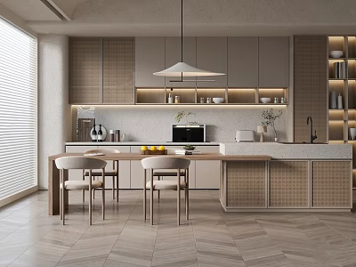 Elegant Modern Restaurant Featuring Open Kitchen Island Dining Table And Chairs 3d model
