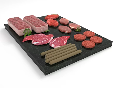 Assorted Fresh Raw Meat Cuts Including Steaks Patties And Sausages On Black Board 3d model