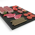 Assorted Fresh Raw Meat Cuts Including Steaks Patties And Sausages On Black Board