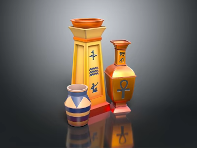Egyptian Inspired Gold Decorative Ornament Set With Ankh Symbol And Striped Vase Accents 3d model