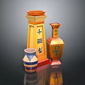 Egyptian Inspired Gold Decorative Ornament Set With Ankh Symbol And Striped Vase Accents