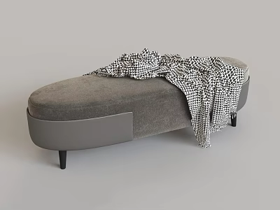 Modern Gray Upholstered Oval Shaped Ottoman with Black White Checkered Blanket and Slim Black Legs 3d model