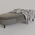 Modern Gray Upholstered Oval Shaped Ottoman with Black White Checkered Blanket and Slim Black Legs