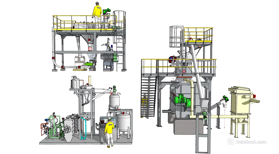 Industrial Processing Equipment System Featuring Platforms Stairs Vessels Pipes And Workers 3d model 