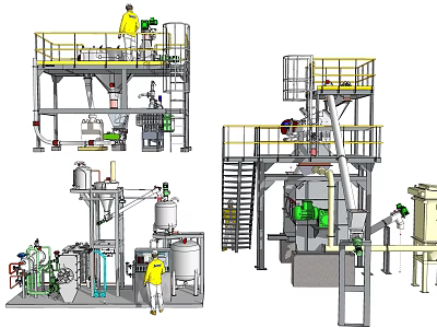Industrial Processing Equipment System Featuring Platforms Stairs Vessels Pipes And Workers 3d model