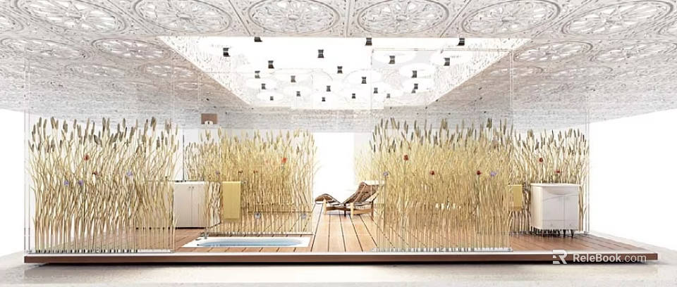 Interior Design Featuring Intricate Carved Ceiling Recessed Lights Glass Partitions And Golden Reed Like Plants 3d model 