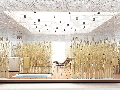 Interior Design Featuring Intricate Carved Ceiling Recessed Lights Glass Partitions And Golden Reed Like Plants 3d model