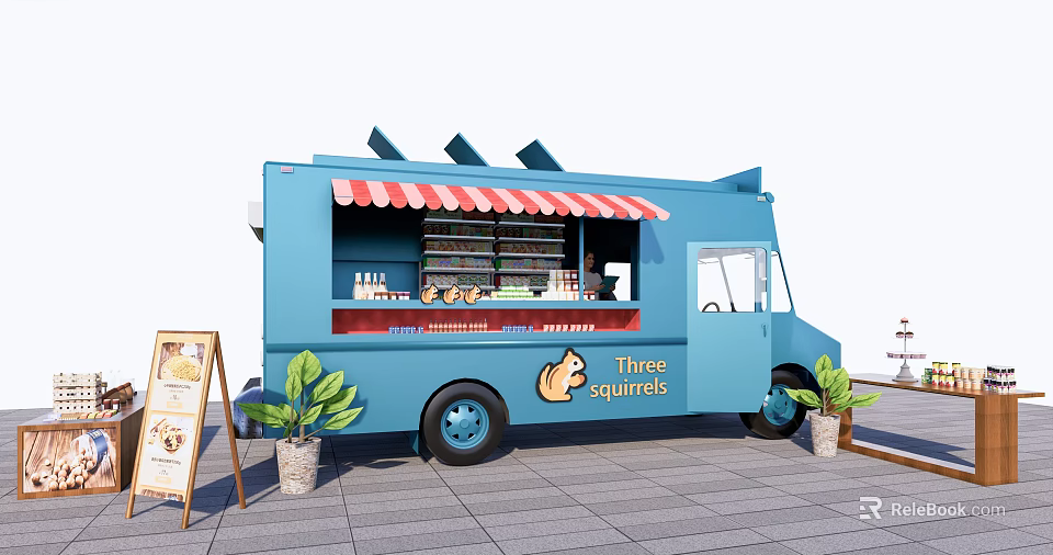 Blue Food Truck With Awning Display Shelves Menu Board And Potted Plants 3d model 