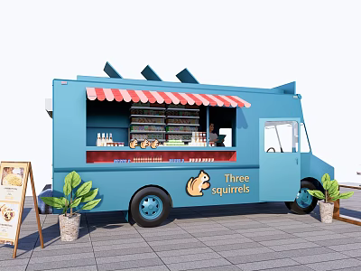 Blue Food Truck With Awning Display Shelves Menu Board And Potted Plants 3d model