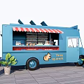 Blue Food Truck With Awning Display Shelves Menu Board And Potted Plants