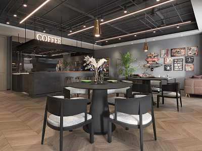 Modern Cafe Interior Design With Open Bar Counter Round Table Green Plant And Decorative Posters 3d model