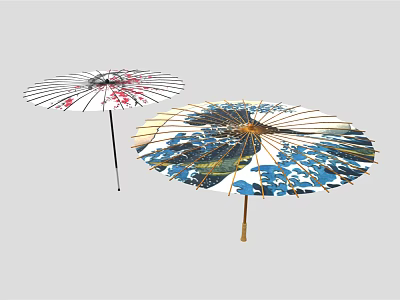 White And Blue Traditional Decorative Umbrellas With Floral Patterns And Handles 3d model
