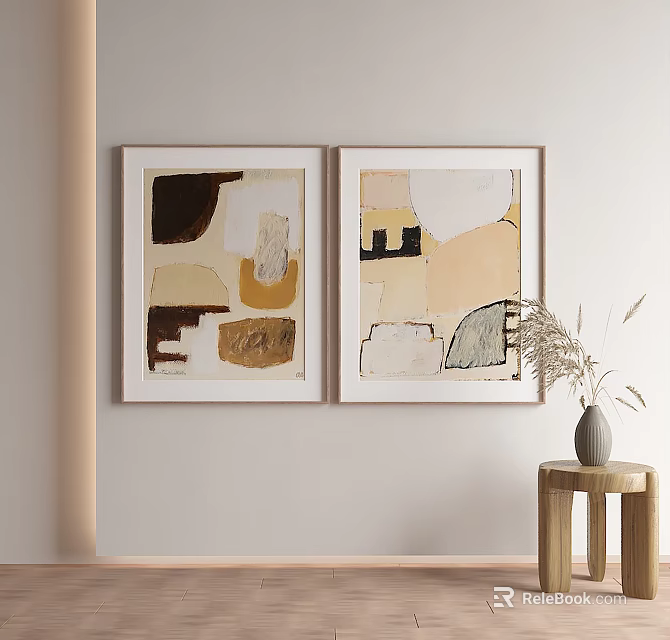 Two Abstract Paintings With Neutral Tones Hanging On Wall And Wooden Stool With Dried Plants 3d model 