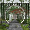 New Chinese-style Moon Cave Gate Zen Landscape Wall Enclosure Tile Wall Moon Gate Waterscape Partition Landscape Stone Plant Combination Modeling Turquoise Lamp Red Maple Bamboo Ting Step 3d model