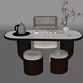 Modern Tea Table with Marble Top and Round Stools Featuring Teapot and Vase 3d model