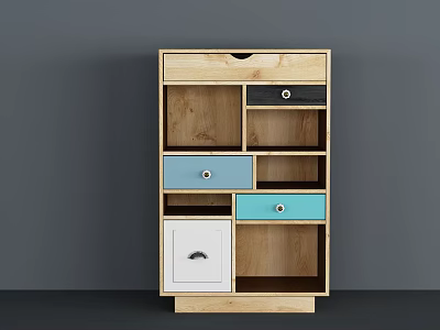 Modern Entryway Cabinet Sideboard With Multiple Drawers Open Shelves And Colorful Panels 3d model