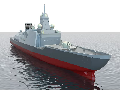 Modern Warship With Gray And Red Hull Sailing On Calm Sea Featuring Radar Antennas 3d model
