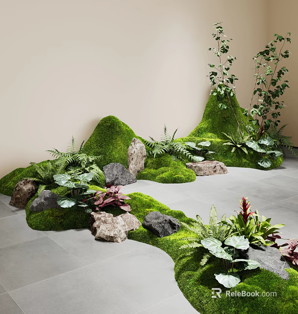 Indoor Landscape With Green Moss Rock Formations And Various Fern Plants 3d model 