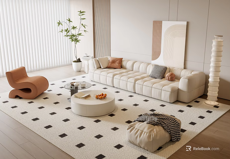 Modern Beige Sofa and Coffee Table Set with Geometric Rug Throw Pillows and Decorative Painting 3d model 