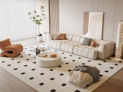 Modern Beige Sofa and Coffee Table Set with Geometric Rug Throw Pillows and Decorative Painting 3d model
