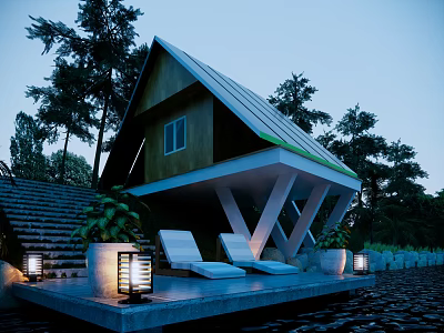 Modern Detached Villa With Triangular Roof Green Edge Wooden Exterior Waterfront Terrace And Lounge Chairs 3d model