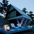 Modern Detached Villa With Triangular Roof Green Edge Wooden Exterior Waterfront Terrace And Lounge Chairs