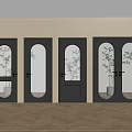 Dark Colored Swing Doors With Various Designs And Glass Panels On Wooden Floor