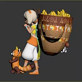 White Haired Girl With Small Red Fox Carrying Large Orange Patterned Basket And Yellow Fruits