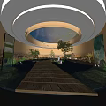 Indoor Garden Space Featuring Wooden Walkway Water Features Mural Backdrop And Circular Ceiling