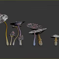 Colorful Umbrella Shaped Mushrooms With Pink White Purple Hues And Various Sizes On Dark Background