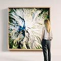 Large Wall Decor Natural Landscape Artwork With Wooden Frame In Modern Interior And Standing Woman