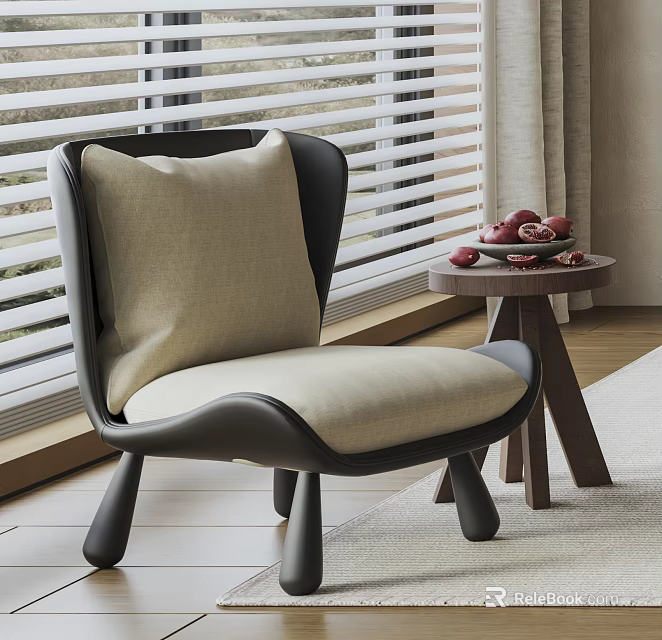 Leisure Chair With Black Frame Beige Cushion And Small Round Table By Window With Blinds 3d model 