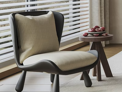 Leisure Chair With Black Frame Beige Cushion And Small Round Table By Window With Blinds 3d model
